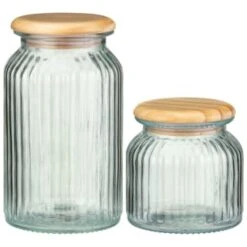 B&M Large Ribbed Glass Jar With Wooden Lid -Kitchen and Tableware Store 394426 394427 ribbed glass jar with wooden lid group