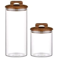 B&M Small Glass Jar With Acacia Wood Lid -Kitchen and Tableware Store 394438 394439 glass canister with acacia wood group
